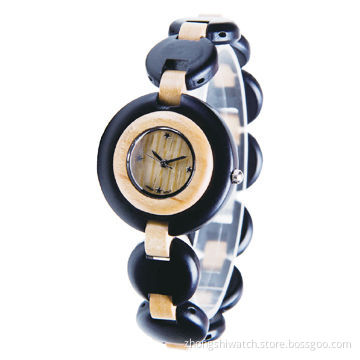 Ladies' Bracelet Fashionable Watch with Hand-made Natural Black Sandalwood, Japanese Movement
